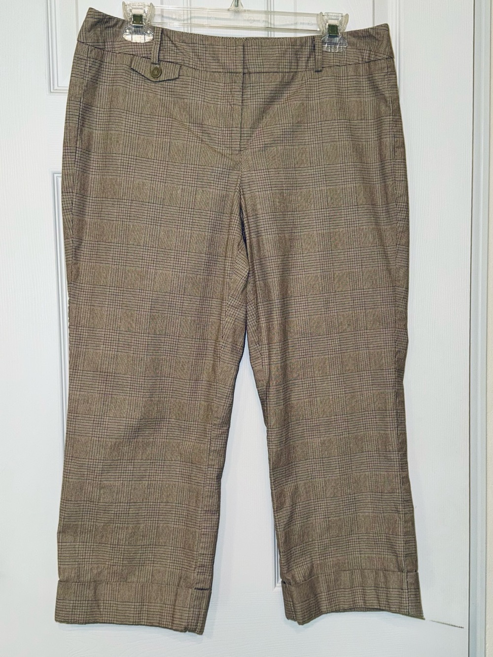 New York & Co Plaid Cropped Pants Size 10 Brown Taupe Stretch 22" Inseam
